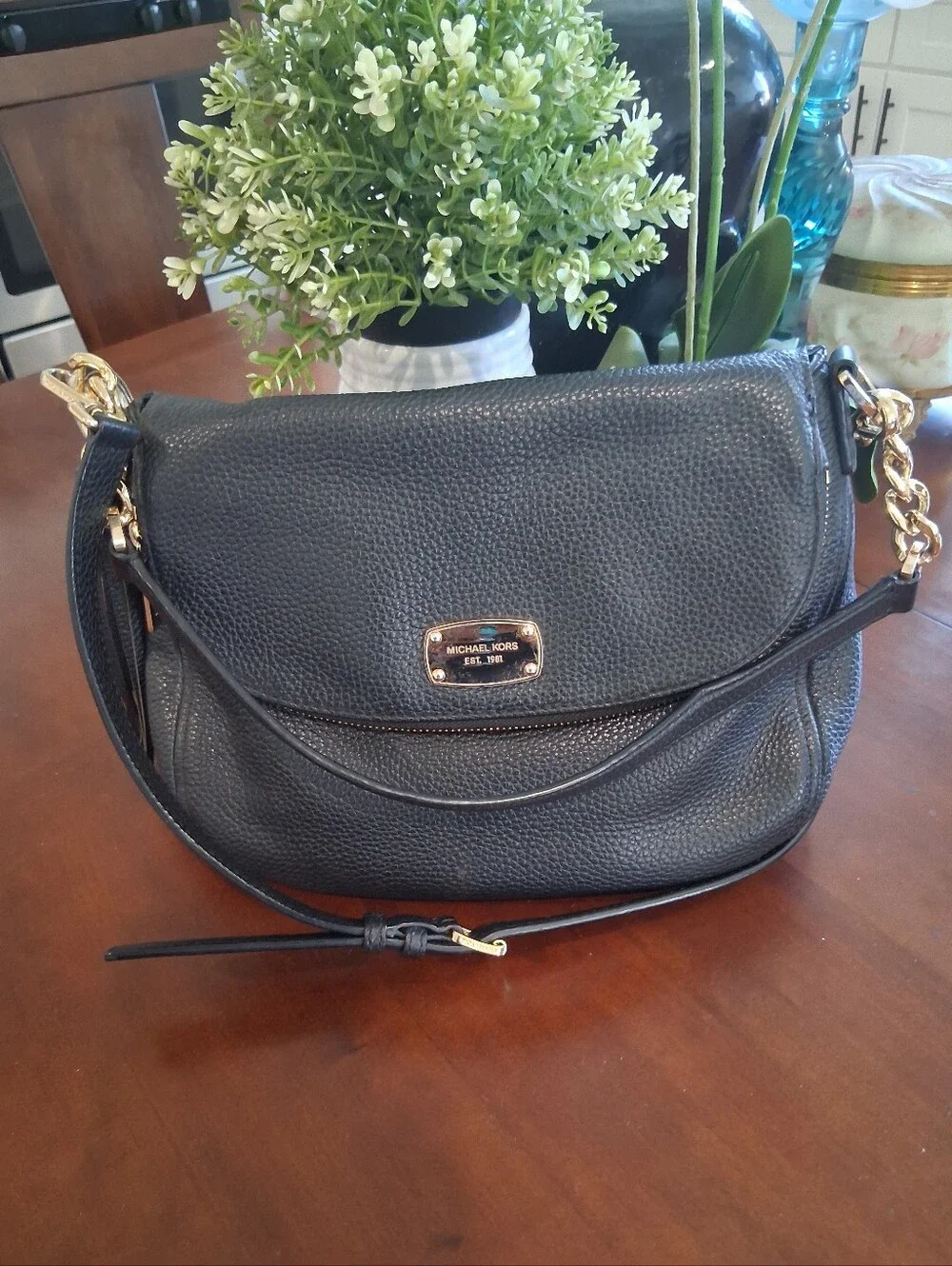 Michael Kors Black Pebbled Leather Shoulder Bag with Gold Hardware